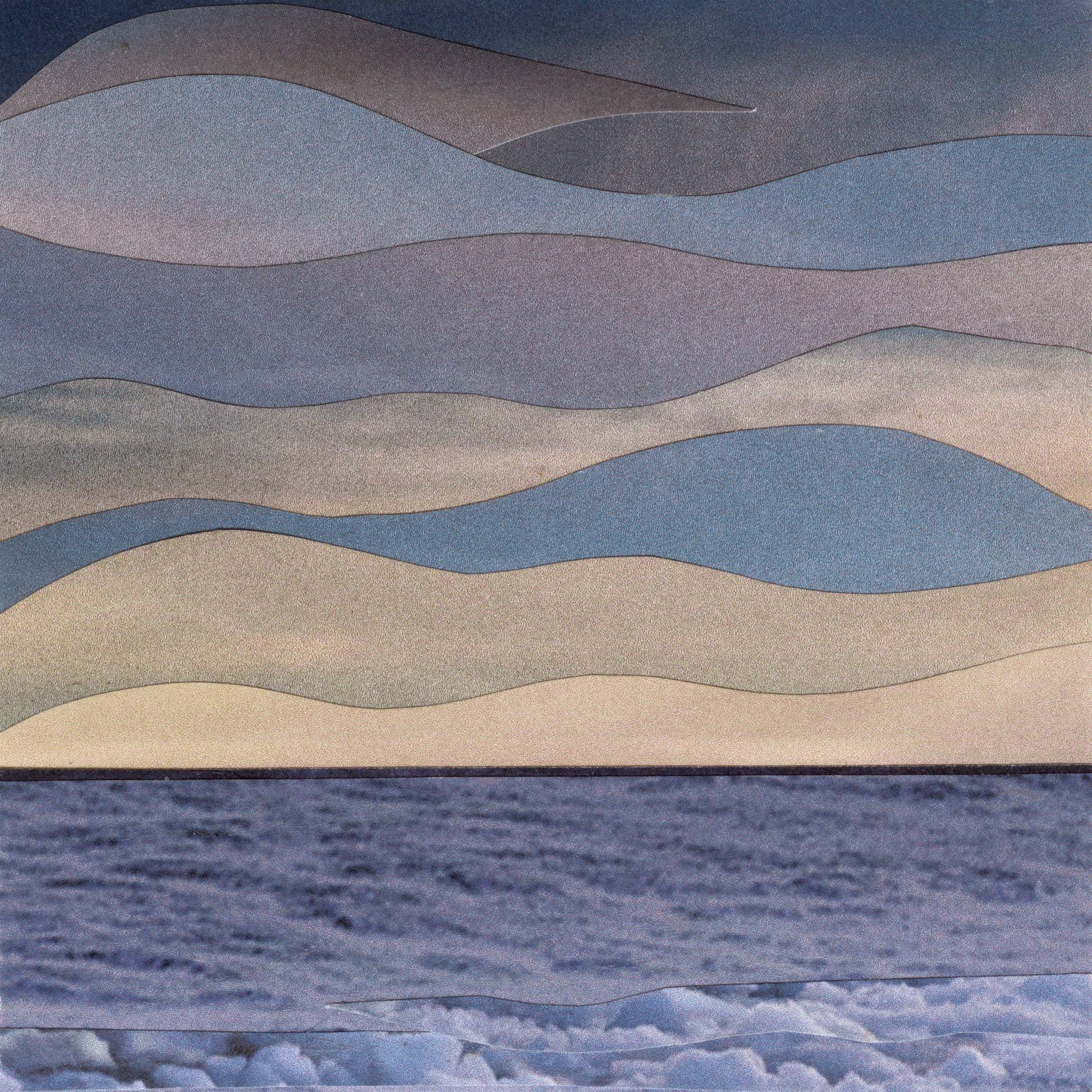 Abstracted ocean scene with layered, wavy sky; blue-grey hues, and icy foreground.