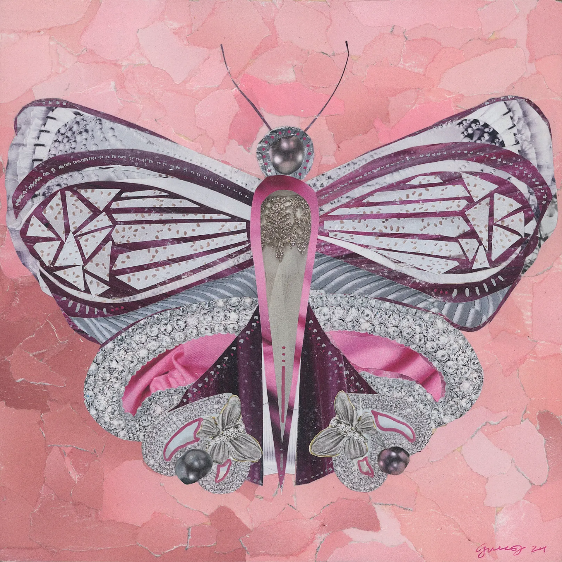 Pink butterfly collage with silver and purple accents, on a pink background.