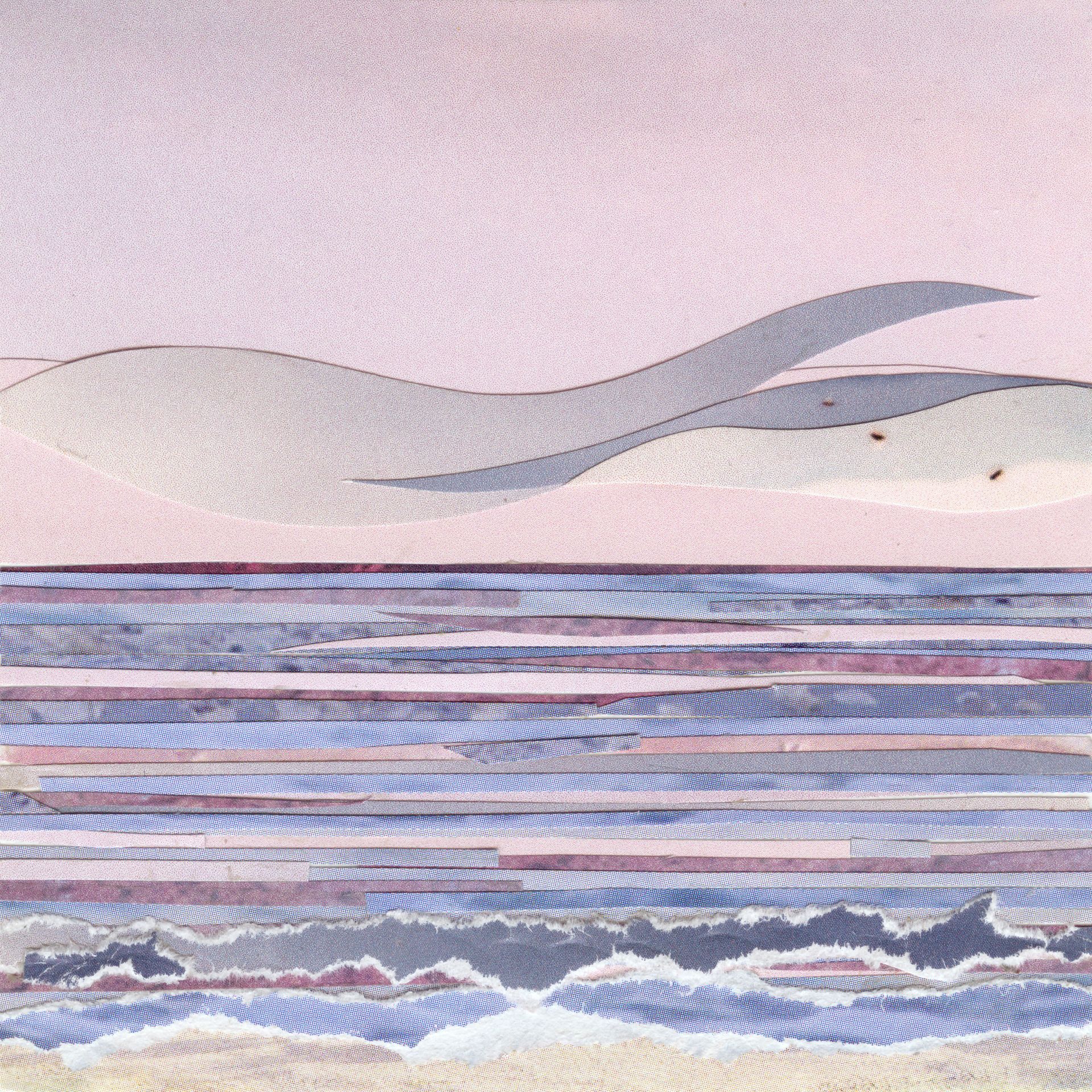 Sea scene with pink sky, blue water, and wavy gray shapes.
