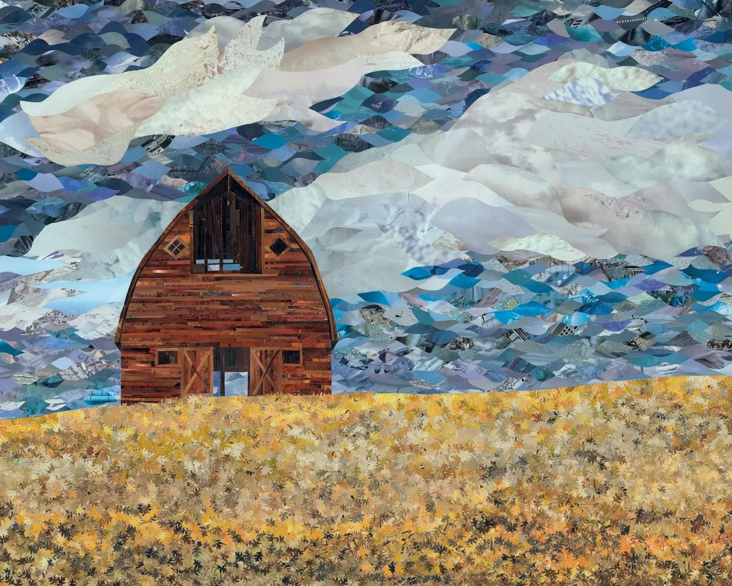 Barn in a field under a cloudy blue and white sky; collage style artwork.