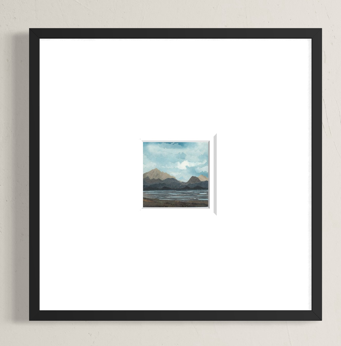 Watercolor landscape of mountains, lake, and cloudy sky; cool color palette.