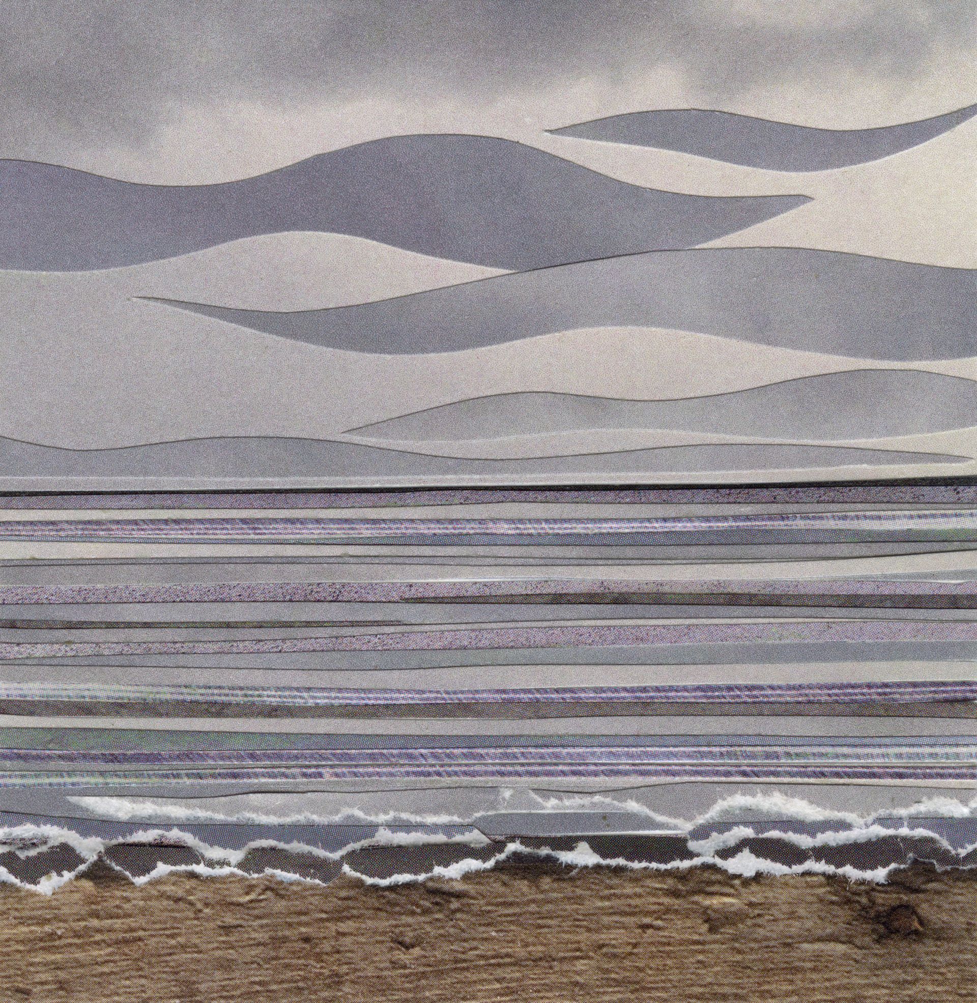 Abstract seascape: Gray waves and water, torn paper effect shoreline, tan sand, cloudy sky.