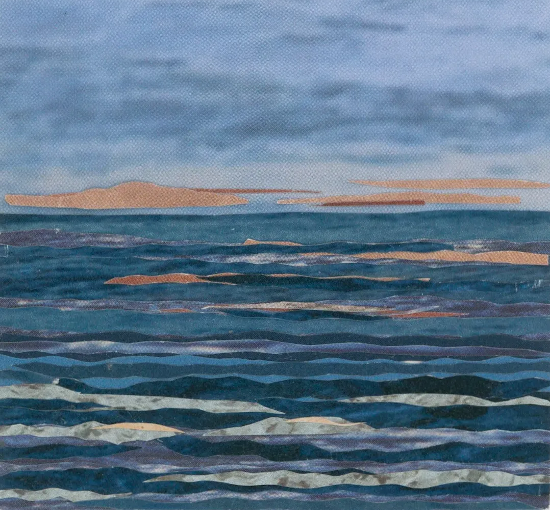 Ocean waves under a cloudy sky, with hints of orange and blue.
