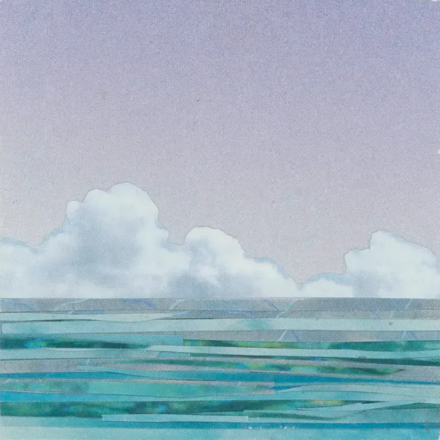 Sky with clouds over a striped turquoise ocean. Lavender sky.