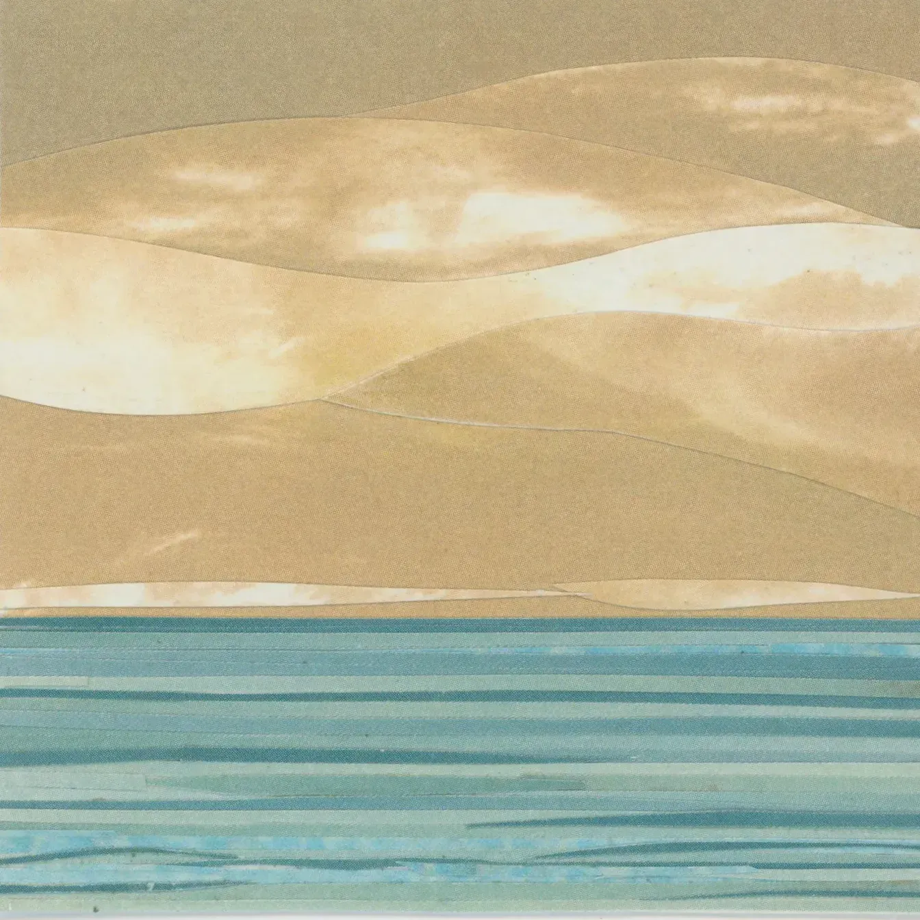 Rolling tan hills above teal water.