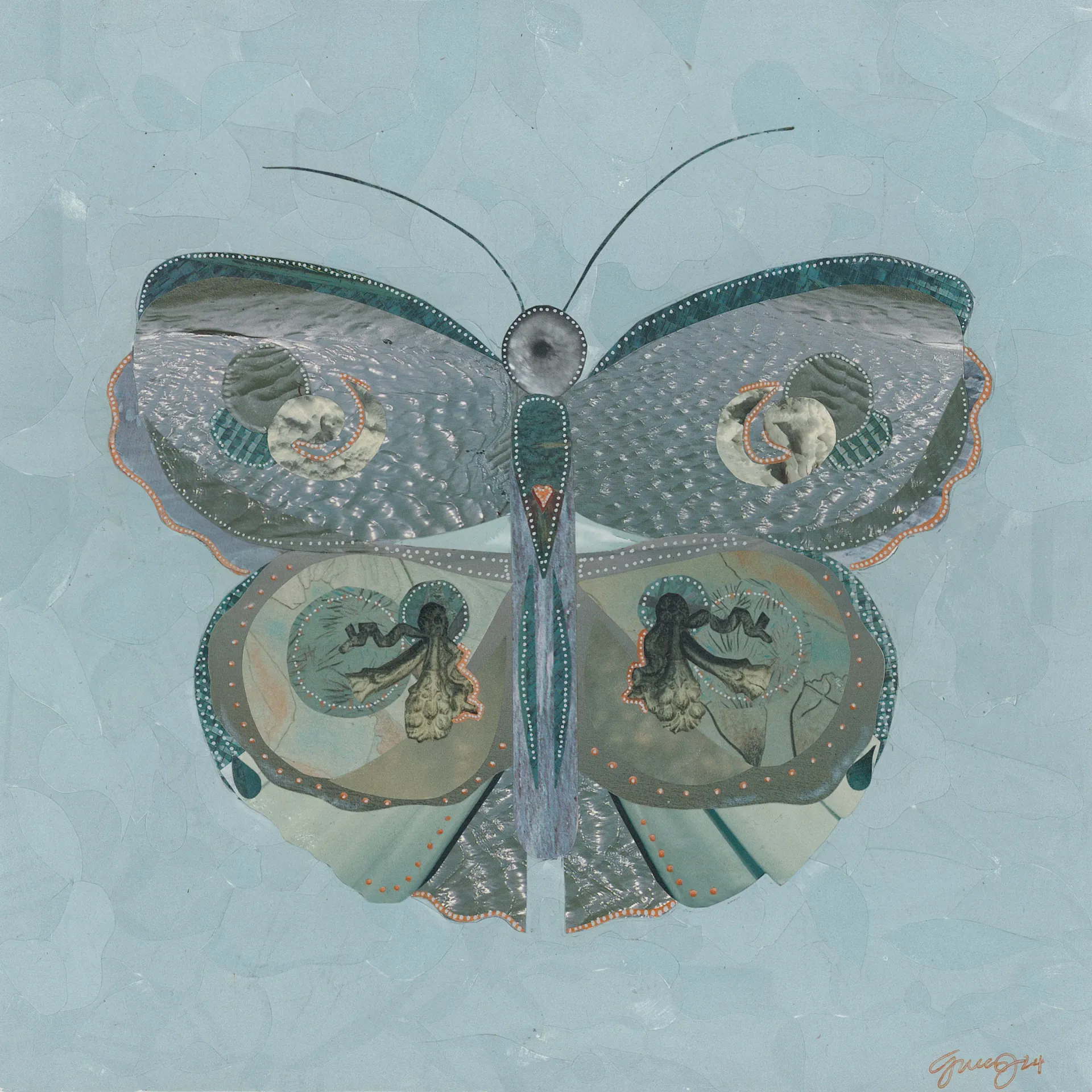 Blue butterfly collage with glitter and paper cutouts on a light blue background.