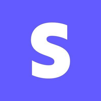 The letter s is white on a purple background.