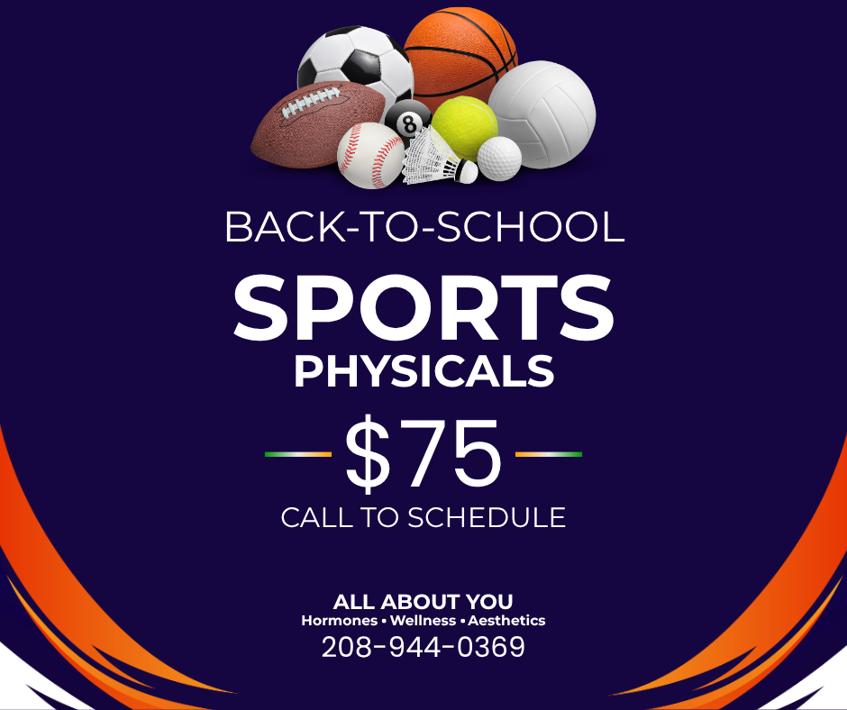 Back-to-school sports physicals flyer on purple background with sports balls and $75 call to schedule