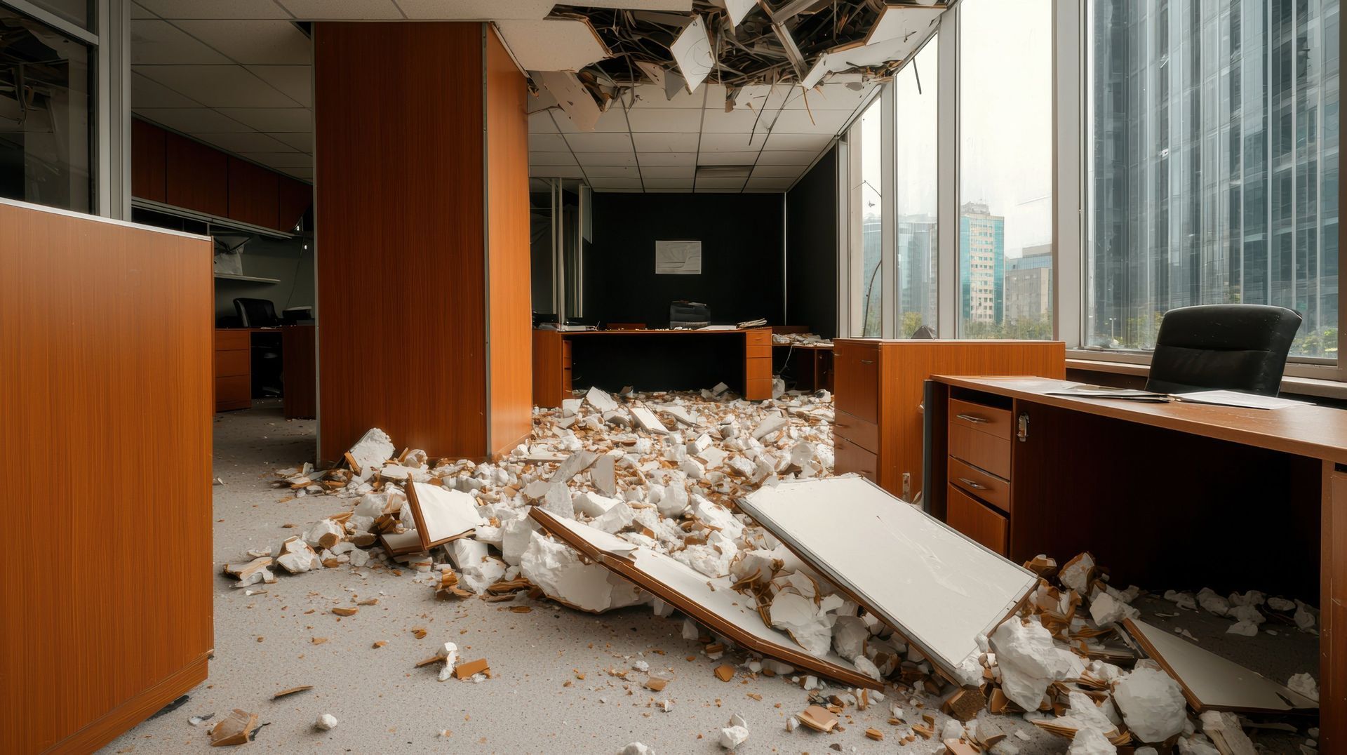 Office interior with collapsed ceiling debris and broken panels scattered across the floor