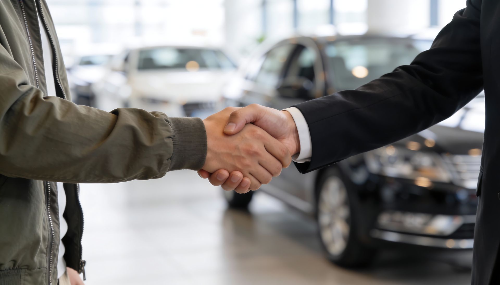 Two people in suits shaking hands in a car dealership showroom