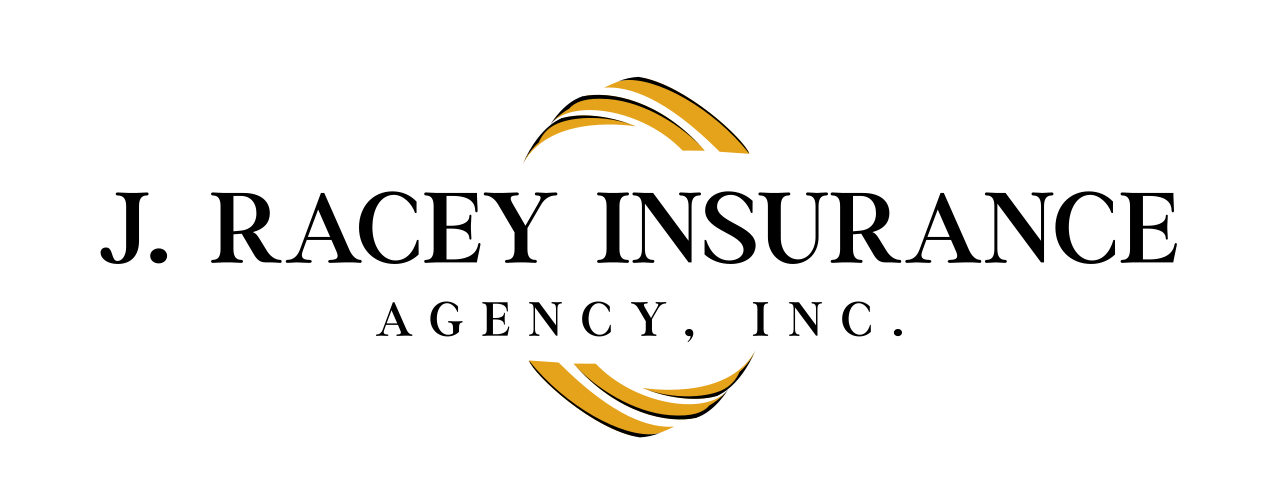 J. Racey Insurance Agency, Inc. logo with black text and gold circular accents