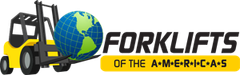 Logo for Forklifts of the Americas featuring a yellow forklift lifting a globe, with the brand name in black and yellow.