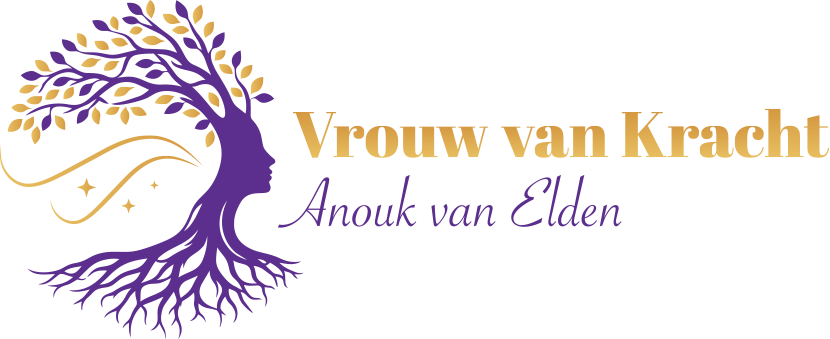Logo Vrouw van Kracht Purple tree logo with roots and gold text reading “Vrouw van Kracht” and “Anouk van Etten”