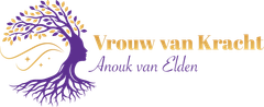 Purple tree logo with roots and gold text reading “Vrouw van Kracht” and “Anouk van Etten”
