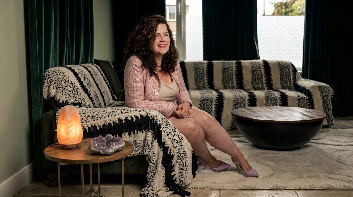 Vrouw in een turquoise trui, lachend buiten naast een houten muur in het zonlicht.