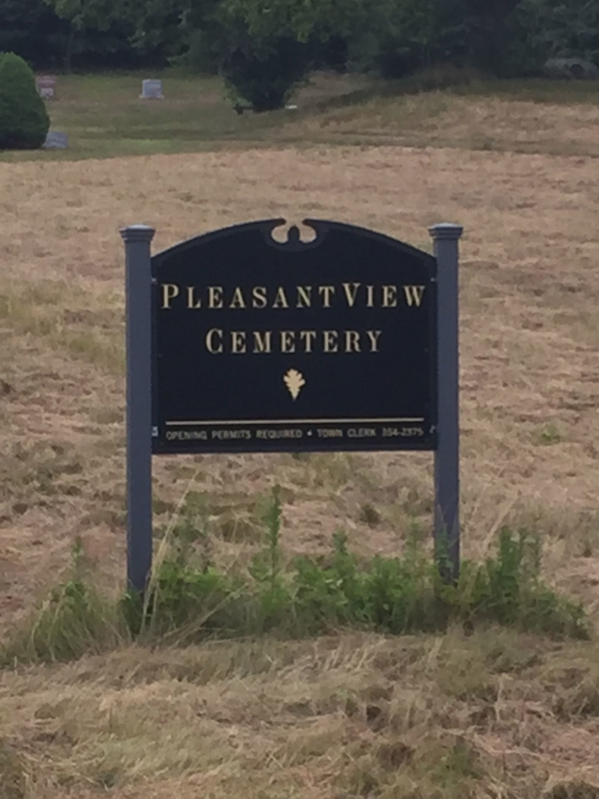 Pleasant View Cemetery sign on a wooden post in a grassy field