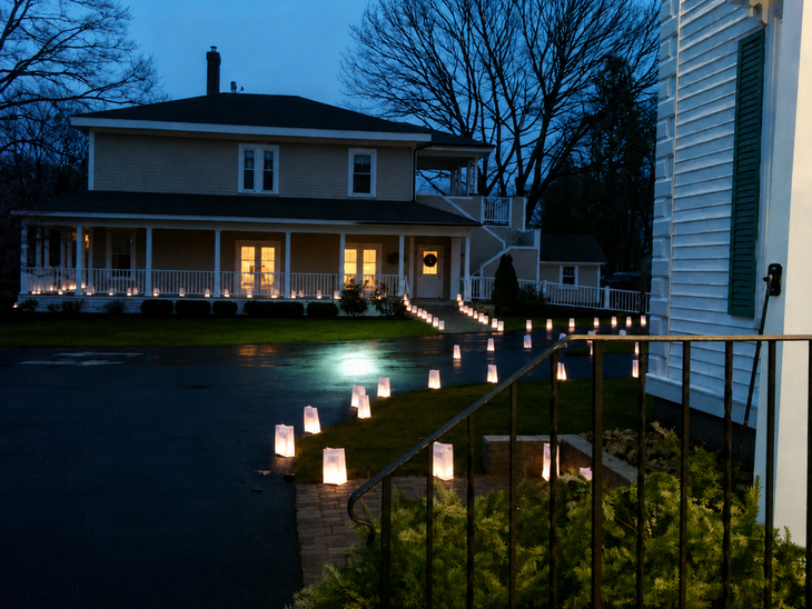 Blue-hour view of a house with lit porch and pathway lanterns beside a lawn and fence
