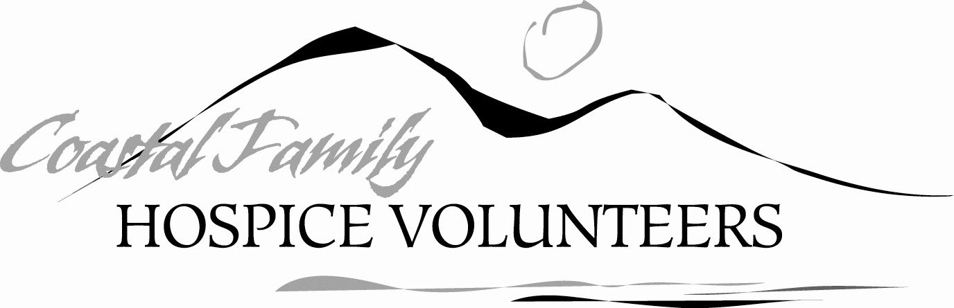 Coastal Family Hospice Volunteers logo with black text, wave graphic, and heart outline on white background