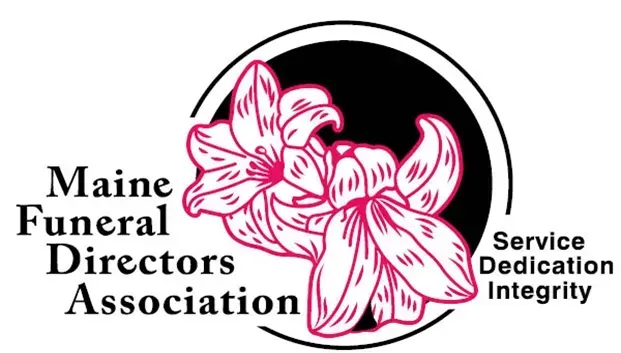 Maine Funeral Directors Association logo with pink floral design and the words “Service Dedication Integrity”