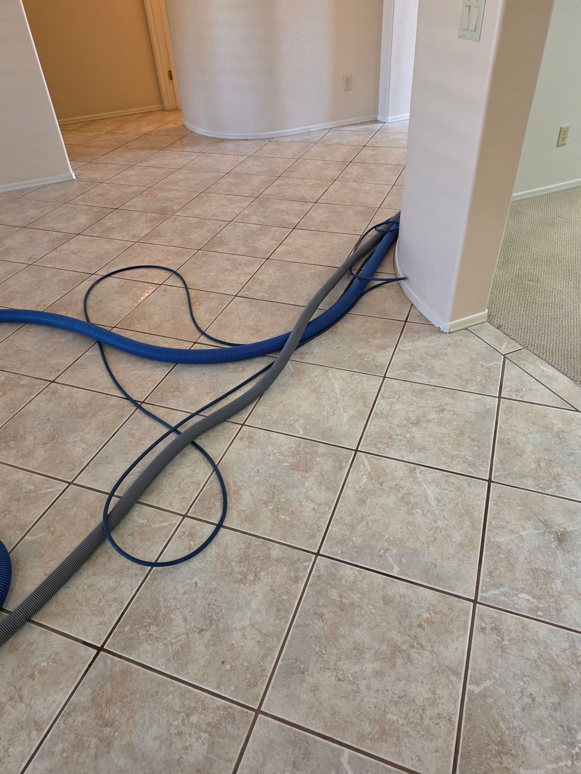 Blue and black cables strewn across a tiled hallway floor near a doorway
