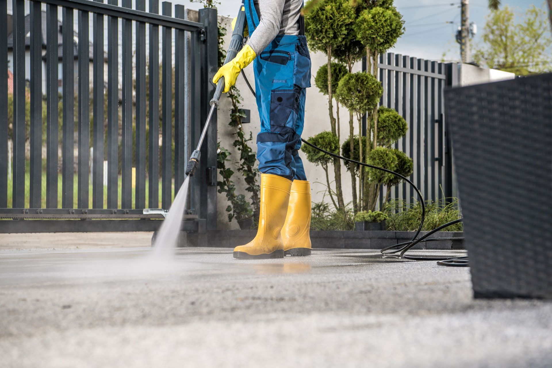 Person pressure-washing a driveway beside a metal fence, wearing yellow gloves and boots.