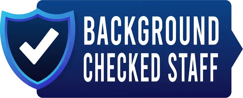 Blue shield checkmark badge with the words “Background Checked Staff”