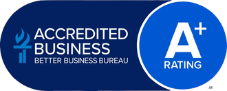 Better Business Bureau Accredited Business badge Better Business Bureau Accredited Business badge with A+ rating in blue and white