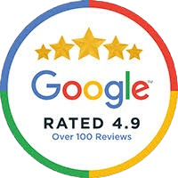 Google rating badge with 4.9 stars and “Over 100 Reviews” on a circular multicolor border