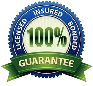 Blue and green 100% guarantee badge reading “licensed,” “insured,” and “bonded”