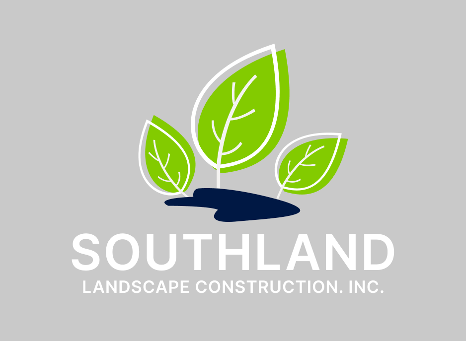 Southland Landscape Construction logo with three green leaves and white text on gray background