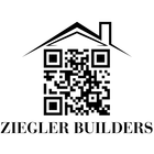 A logo for Ziegler Builders featuring a black QR code stylized as a house with a roof and chimney above the text.