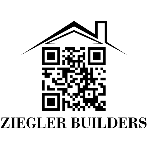 A logo for Ziegler Builders featuring a black QR code stylized as a house with a roof and chimney above the text.