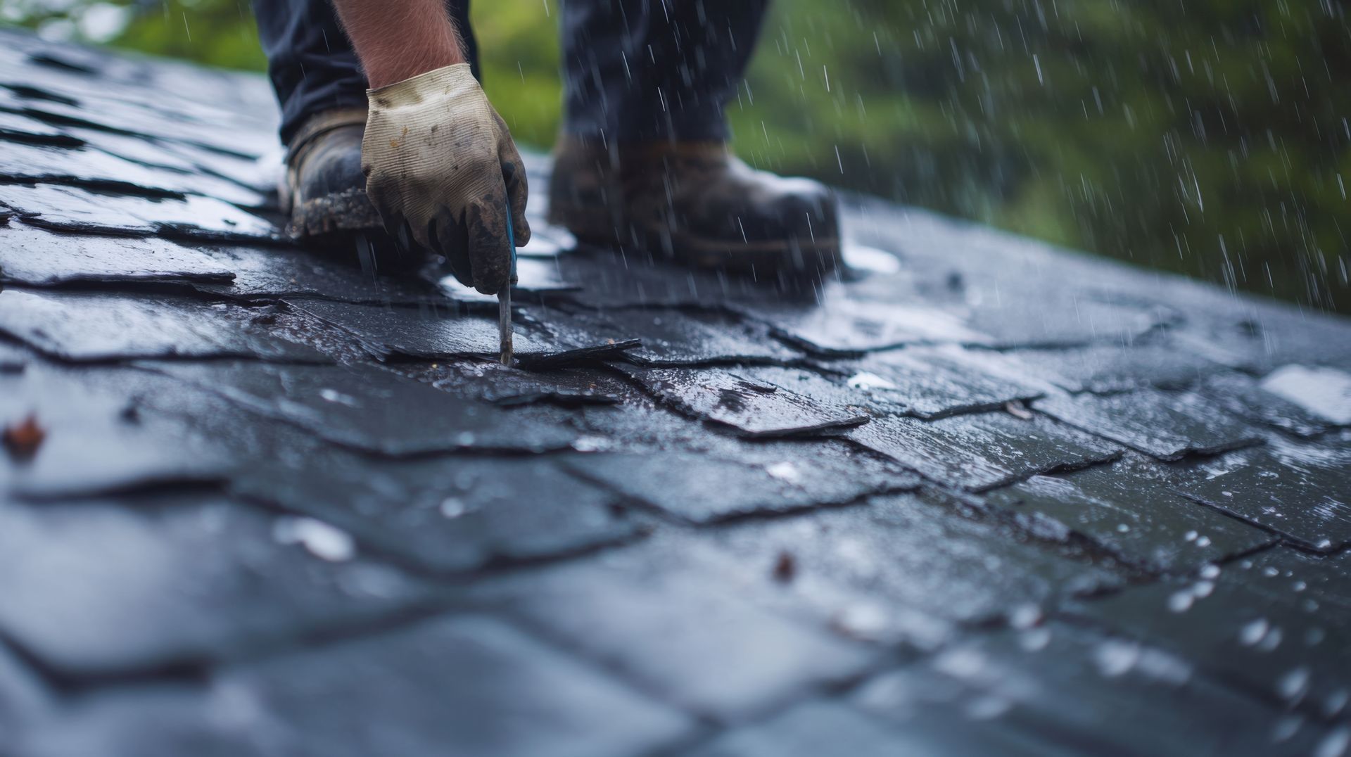A technician inspecting damaged shingles in the rain for an urgent roof leak repair service.