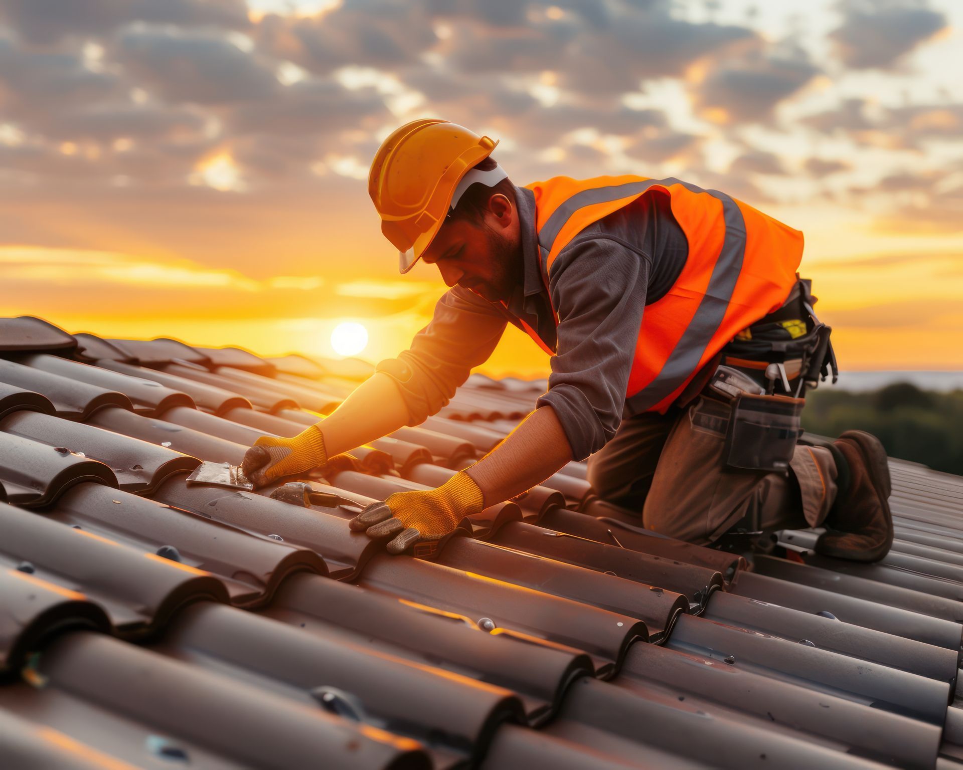 A roofer installing tiles at sunset, showcasing full roofing services with professional care.