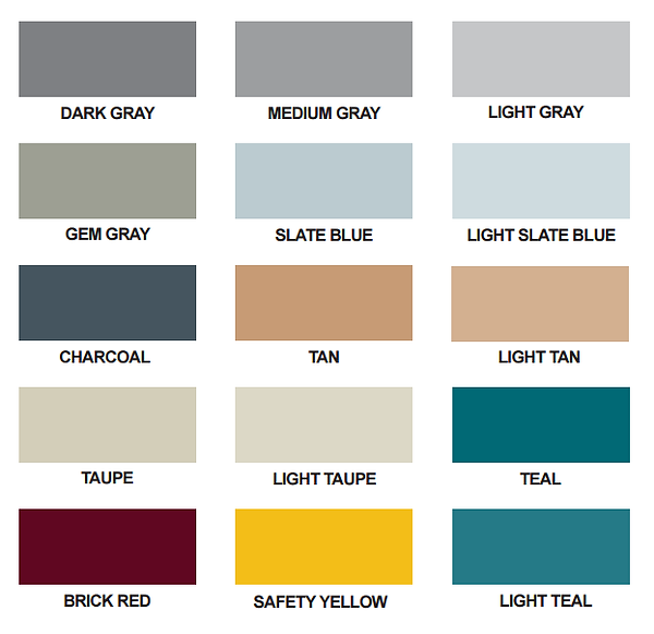Color palette grid with 12 labeled swatches: grays, blues, tans, teal, brick red, and safety yellow
