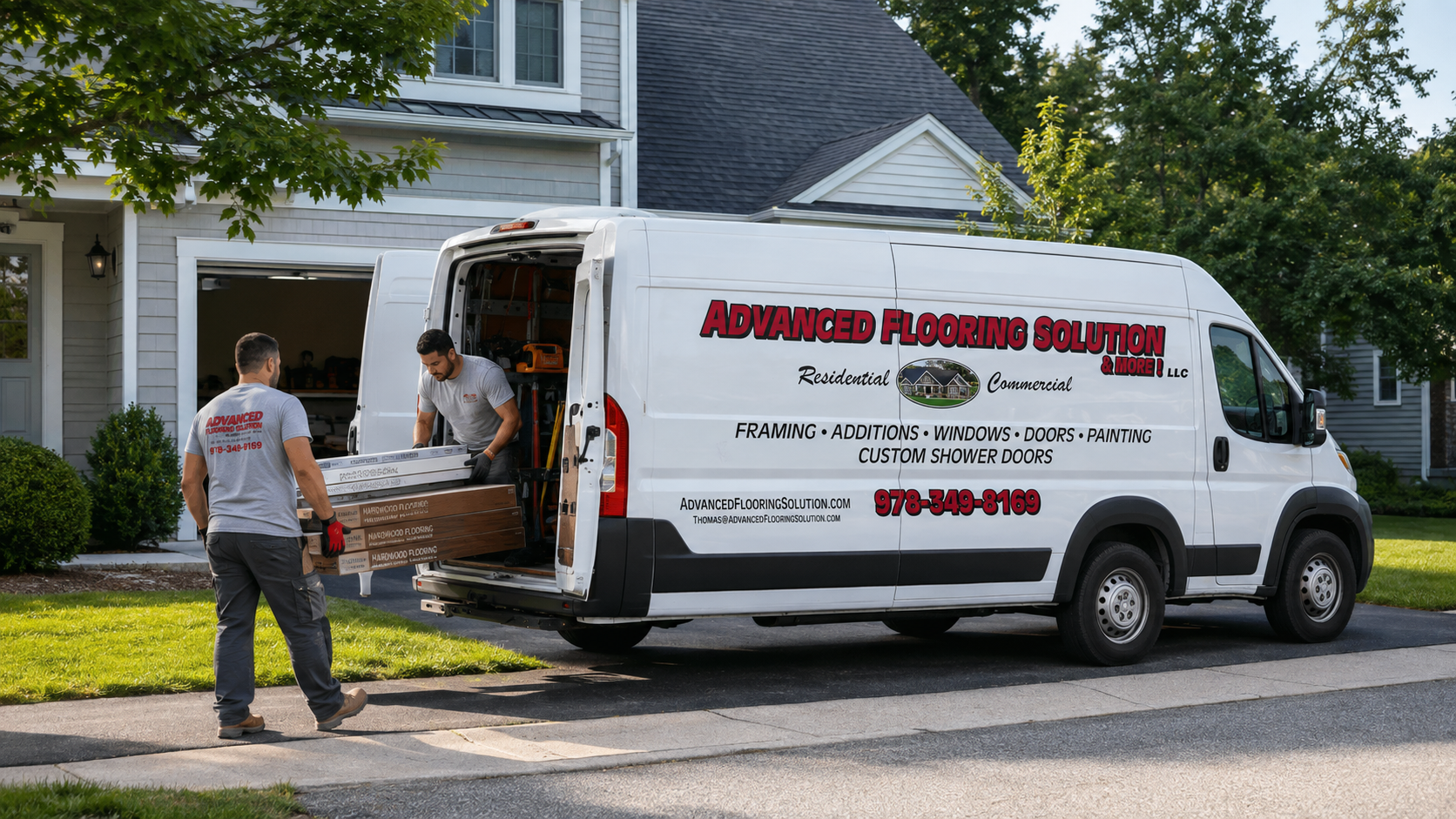 Two movers unload boxes from a white moving van parked outside a suburban house.