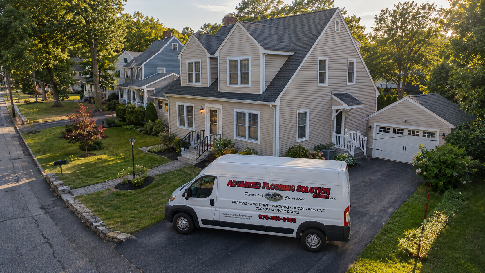 Suburban house with gray siding, white trim, and a white service van parked in the driveway at dusk.