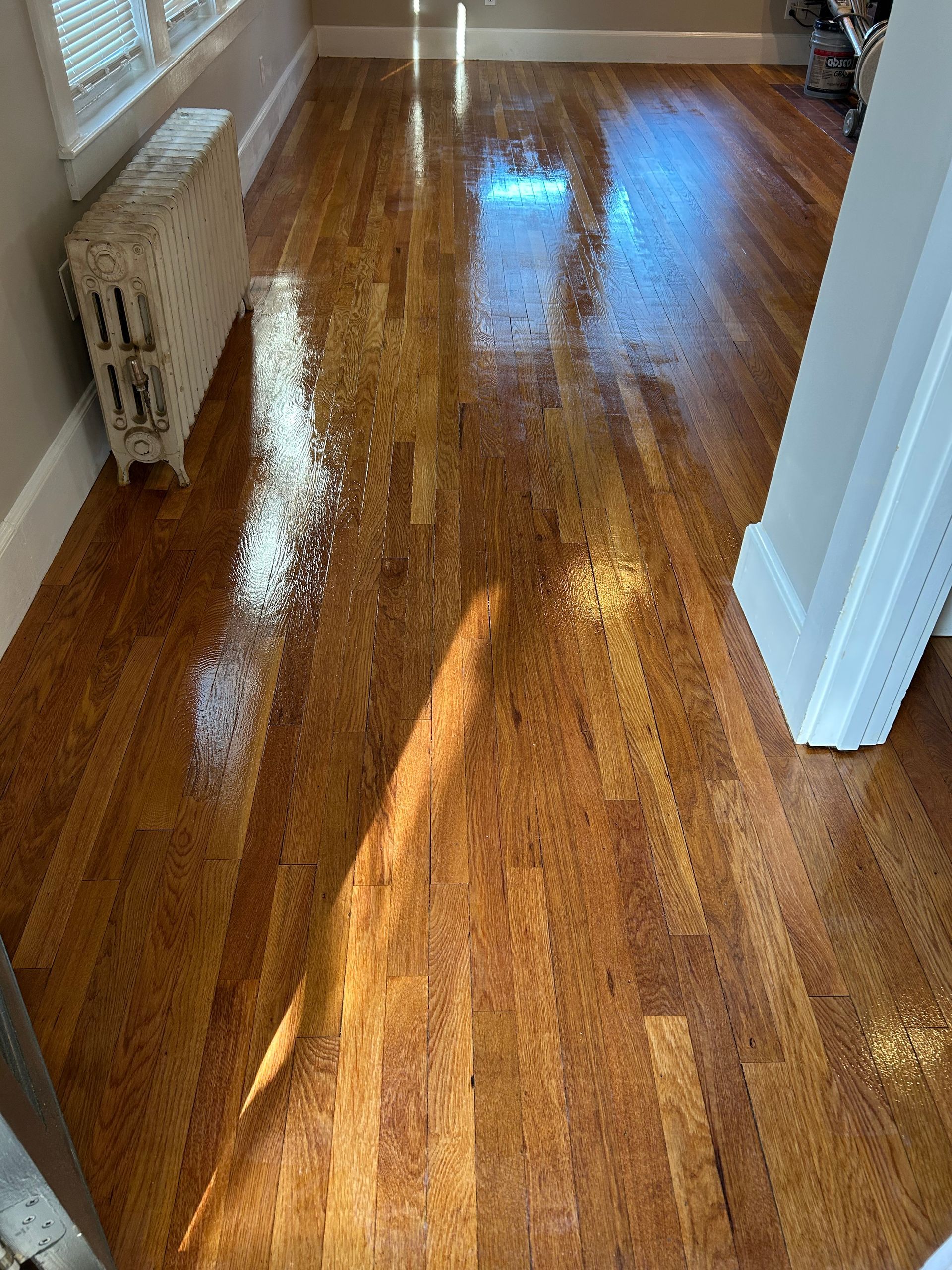 Shiny hardwood hallway with sunlight reflections and a wicker bench along the left wall