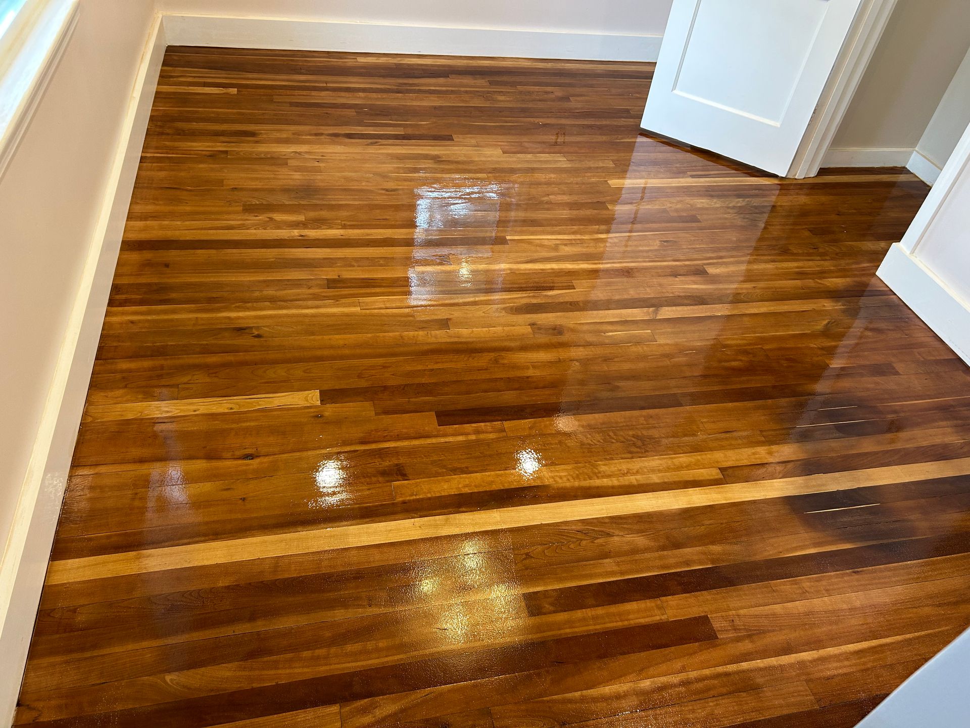 Shiny hardwood floor with visible water puddles in an empty hallway near white walls and doorways
