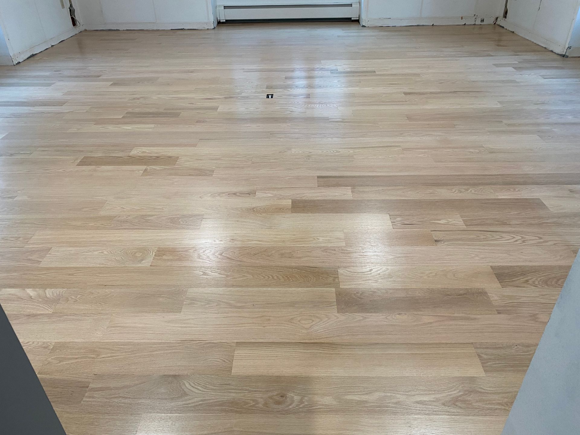 Empty room with light wood flooring and white walls, viewed from a doorway.