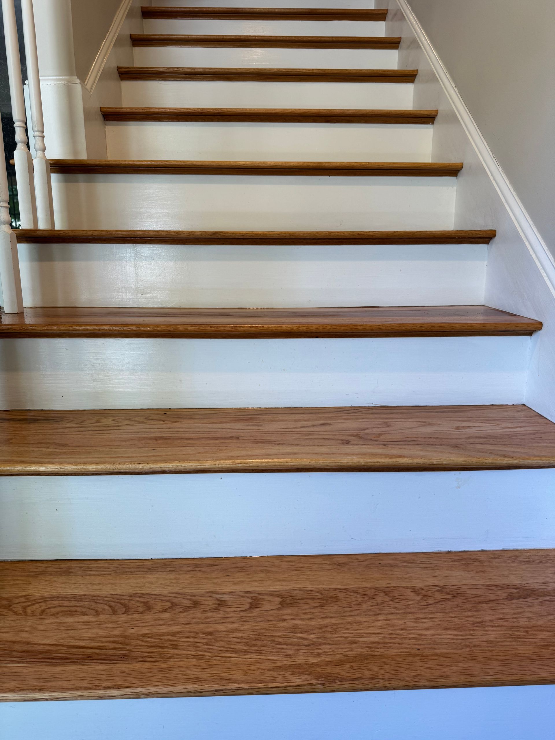 Wooden staircase with white risers and carpeted treads in a bright interior hallway