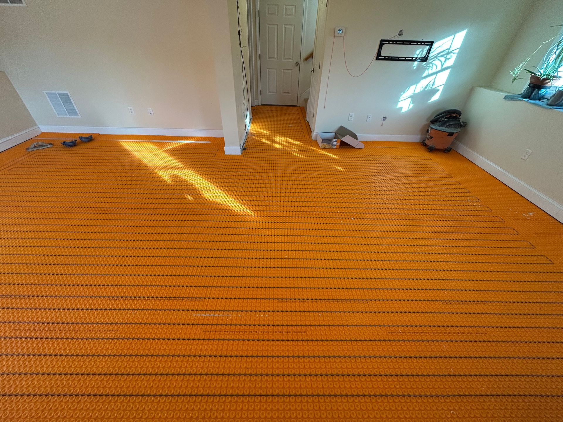 Small room with bright orange carpet, white walls, and sunlight streaming through a window.