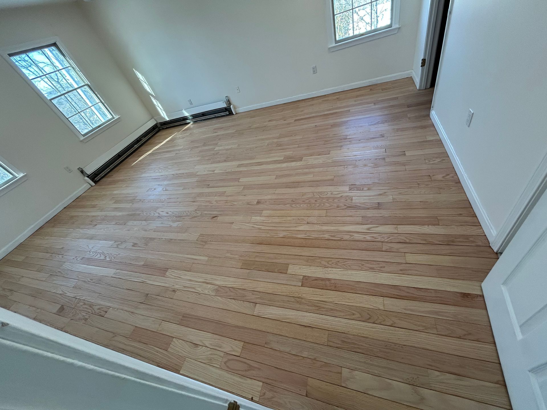 Empty room with hardwood floors, white walls, and two windows.