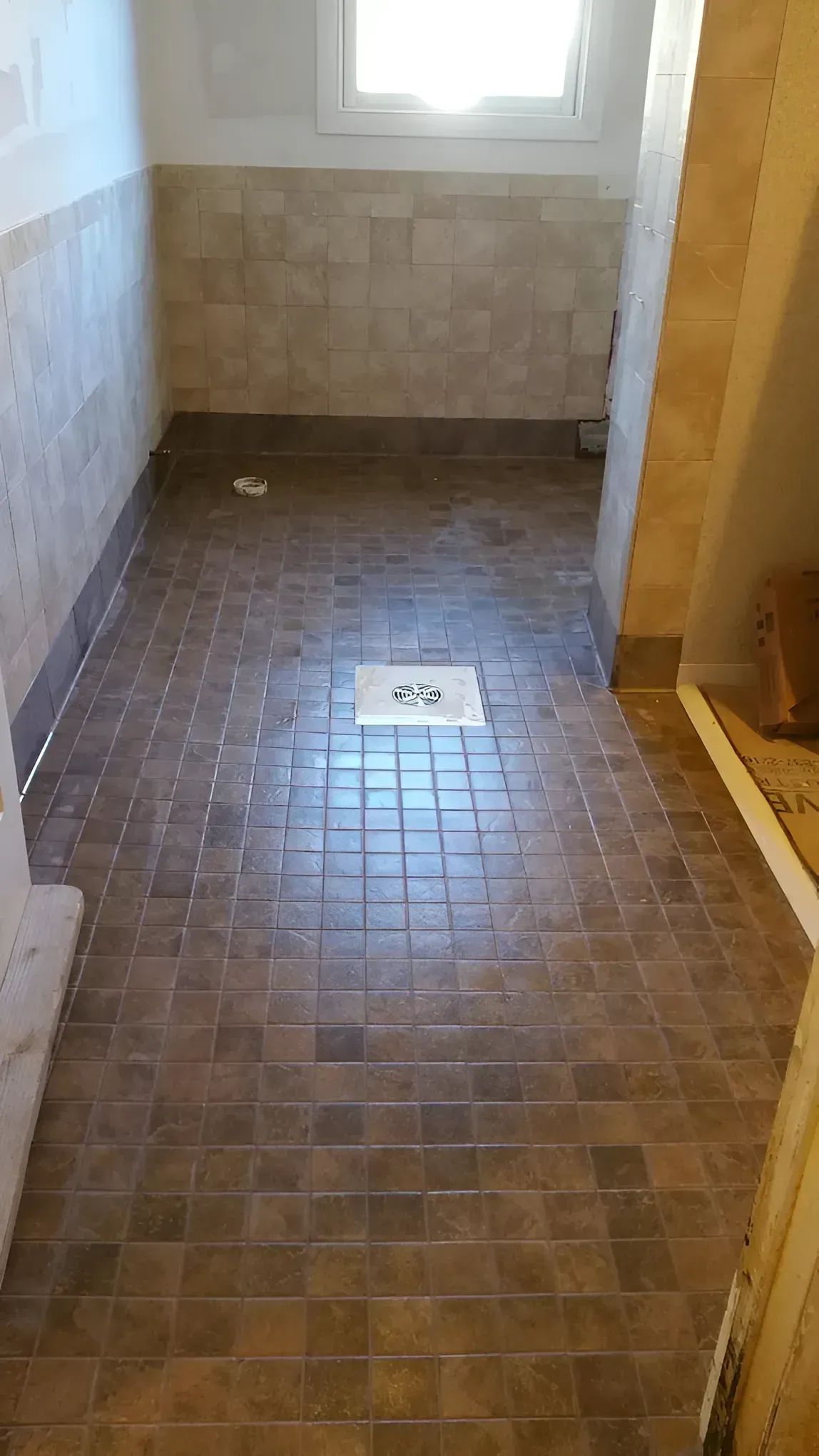 Small tiled bathroom with a shower area, toilet, and window at the far end.