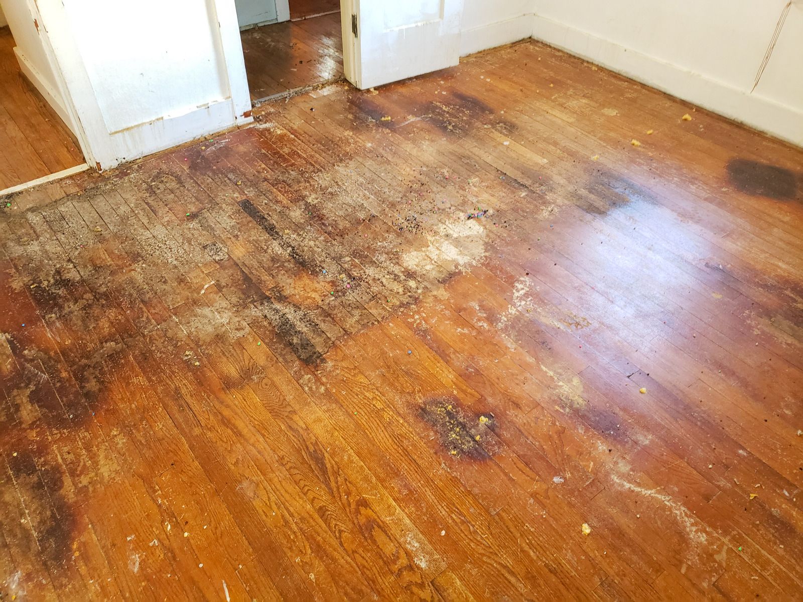 Water-damaged wooden floor with dark stains and peeling finish in a small room
