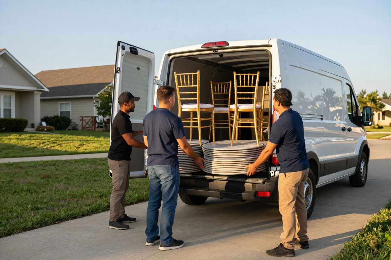 Table and chair rentals Richmond TX — delivery crew unloading chiavari chairs and round tables from a cargo van