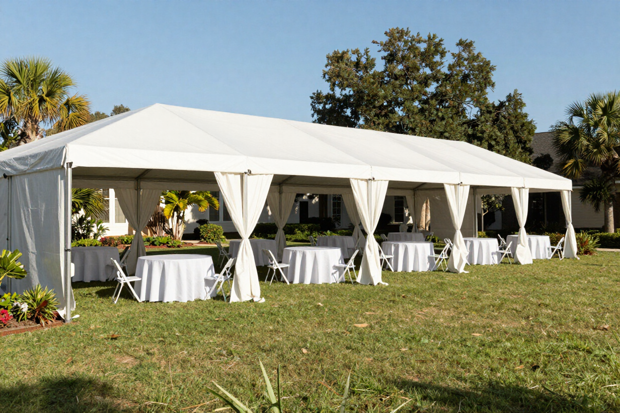Outdoor event tent rentals in Richmond TX — multiple tent sizes set up for a backyard celebration.