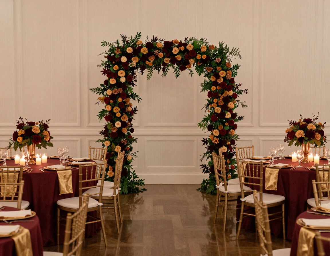 Custom event decoration for a Richmond TX wedding with floral arch, burgundy and gold linens, chiavari chairs