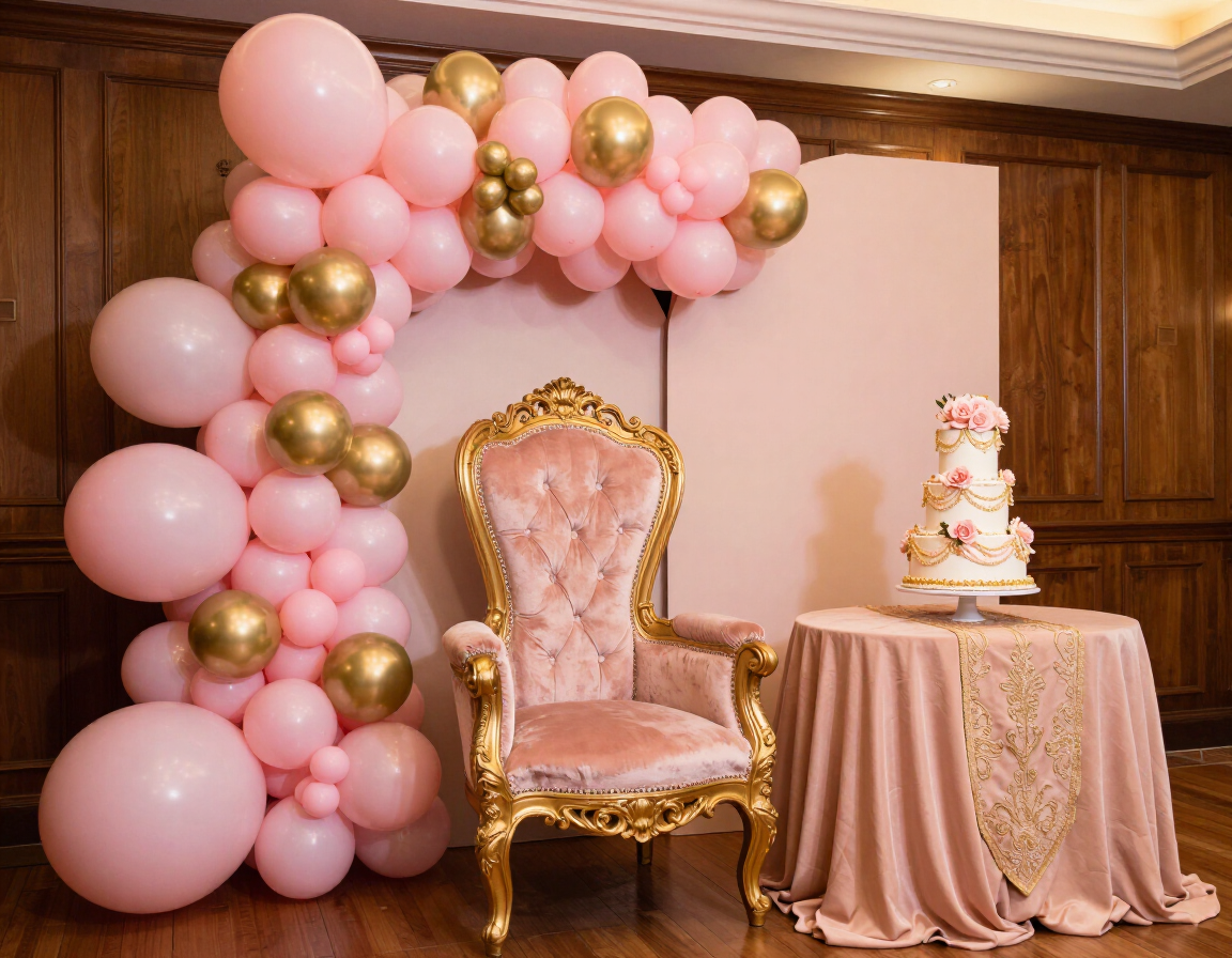 Event decoration setup for a quinceañera in Richmond TX with balloon wall, throne chair, and gold cake table