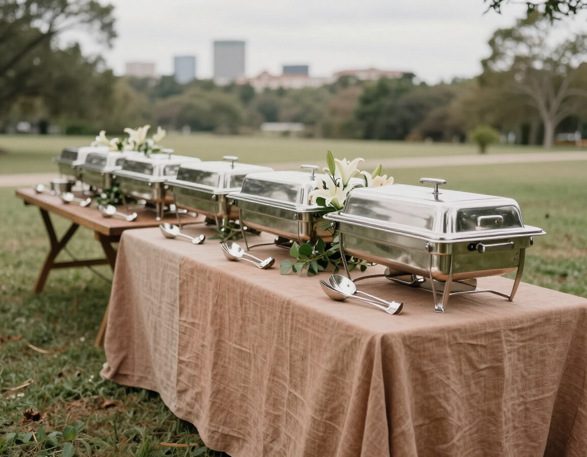 Catering buffet table event decoration setup with linens, warming trays, and floral garnishes in Greater Houston